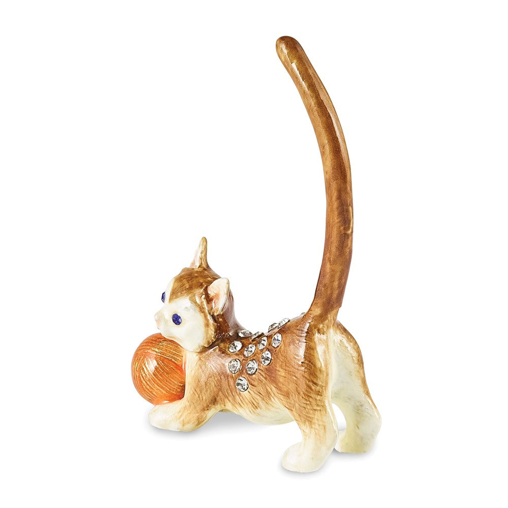 Luxury Giftware by Jere Pewter Bejeweled Crystals Silver-tone Enameled SASAFRAS Cat with Ball of Yarn Ring Holder