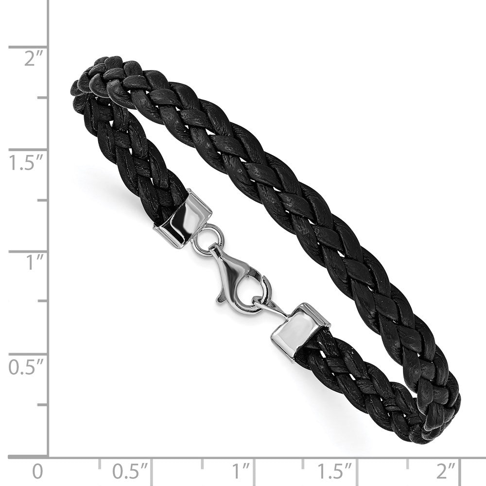 Sterling Silver Rhodium-plated Black Braided Leather Bracelet 7 inches