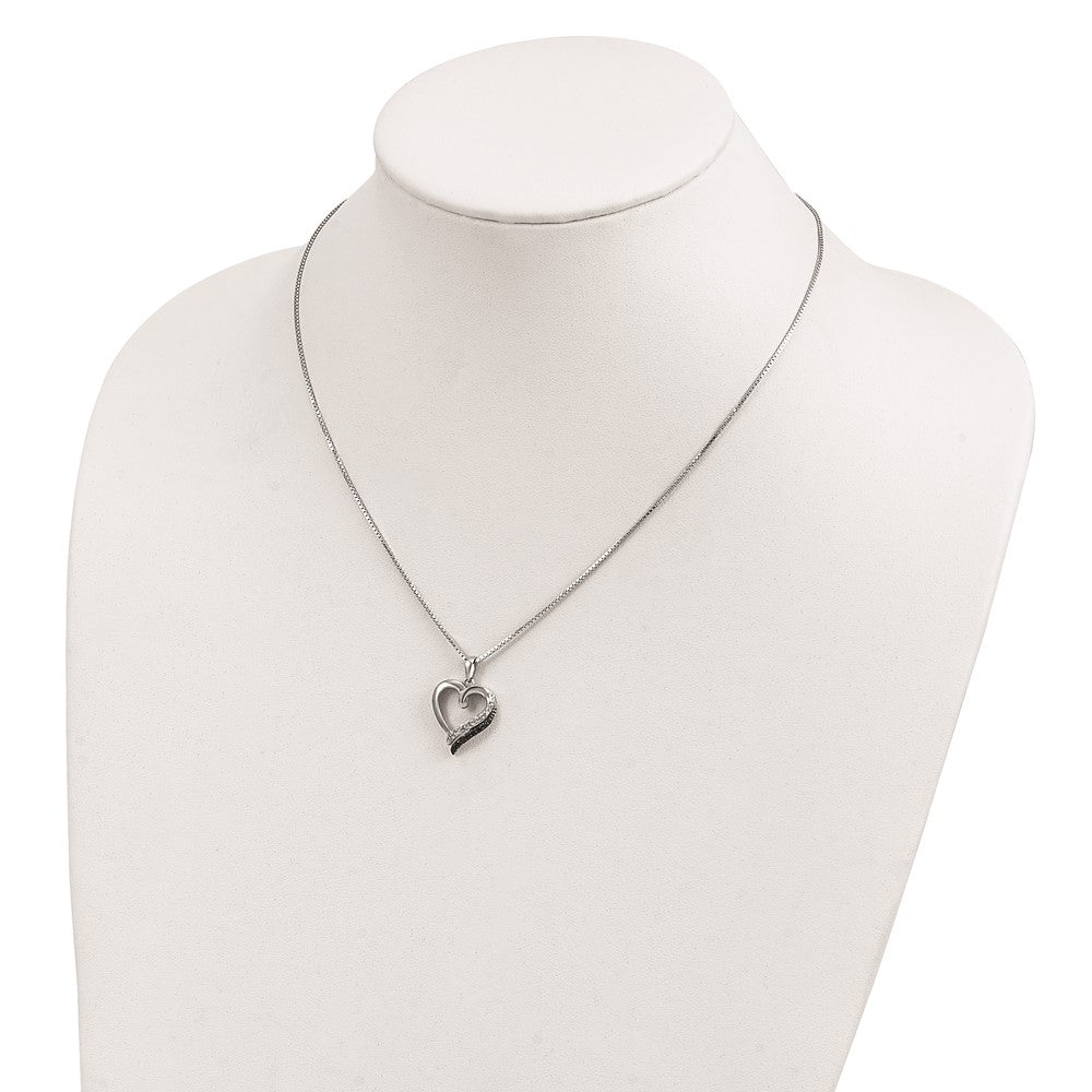White Night Sterling Silver Rhodium-plated Black and White Diamond Heart Necklace with 2 Inch Extender 18 Inches