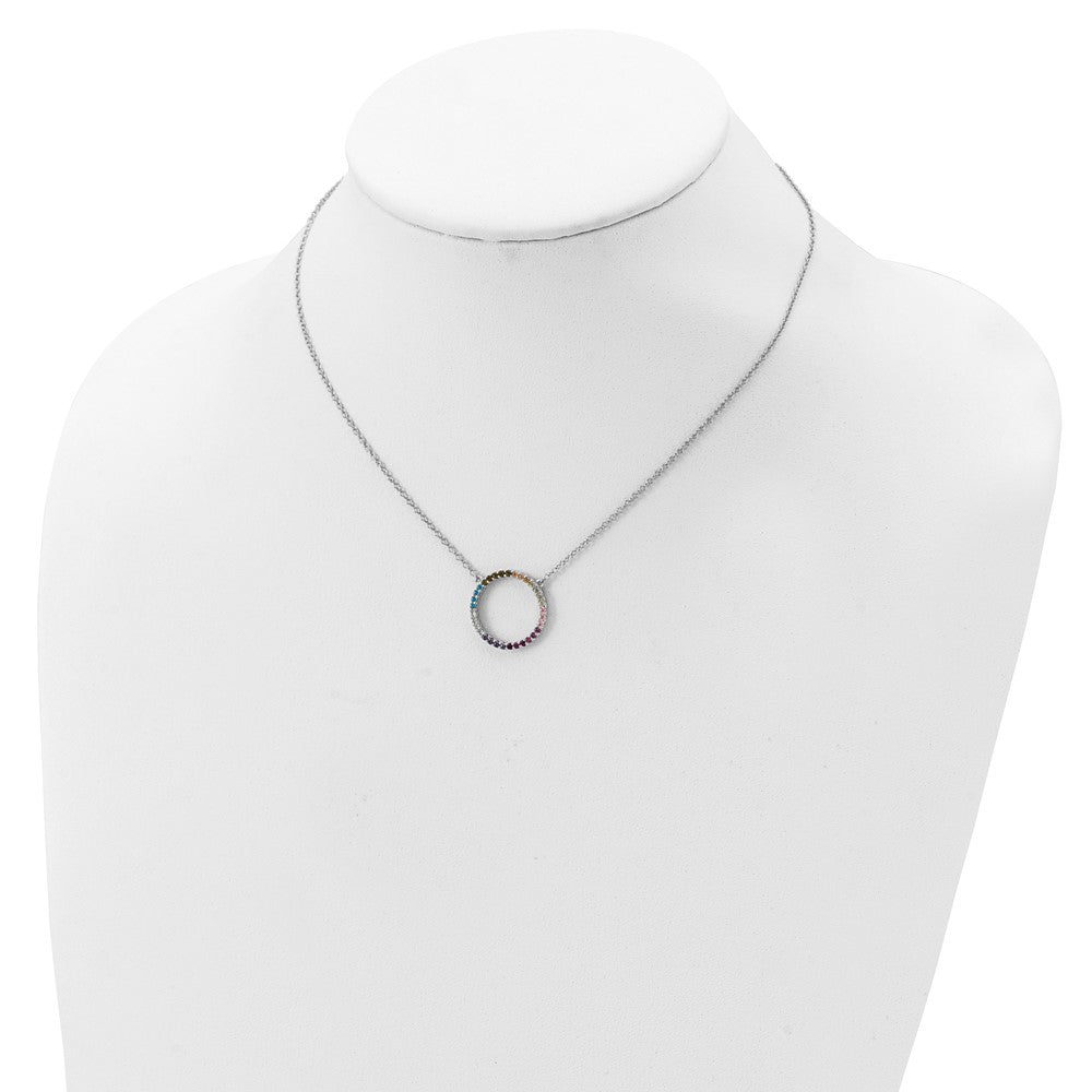Prizma Sterling Silver Rhodium-plated 16 inch Colorful CZ Open Circle Necklace with 2 inch Extender 16 Inches