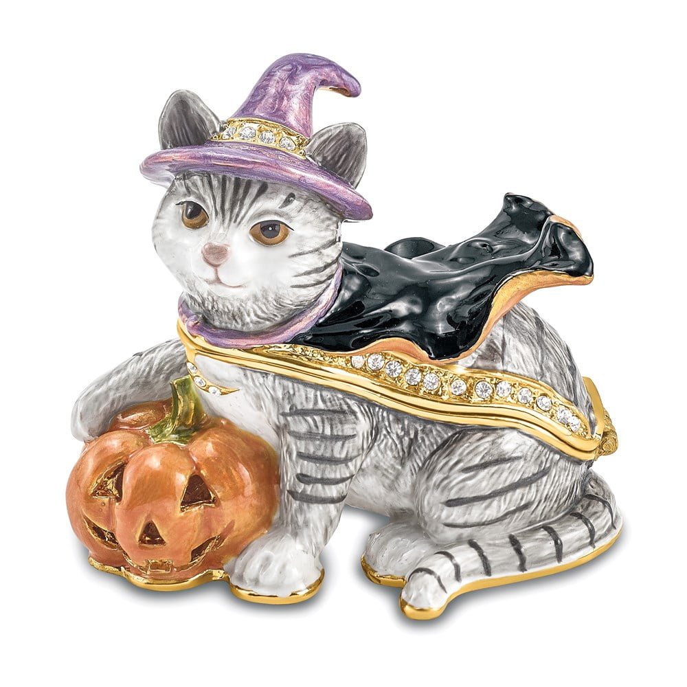 Luxury Giftware by Jere Bejeweled Crystals Gold-tone Enameled SERENA Halloween Cat Trinket Box with Matching 18 Inch Necklace QBJ4090