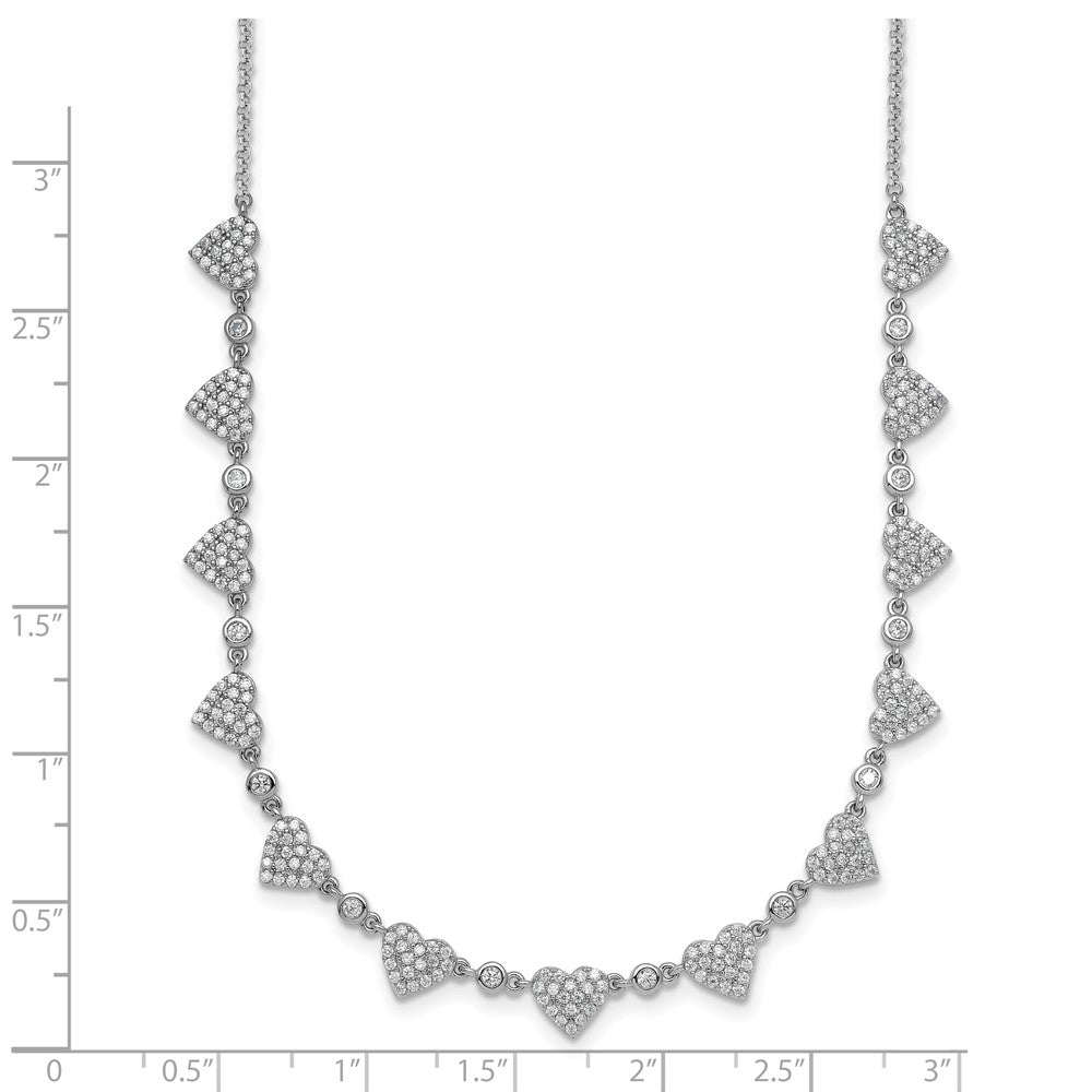 Sterling Silver Rhodium-plated Polished Pave CZ Hearts 16 Inch with 2 Inch Extension Necklace 16 Inches