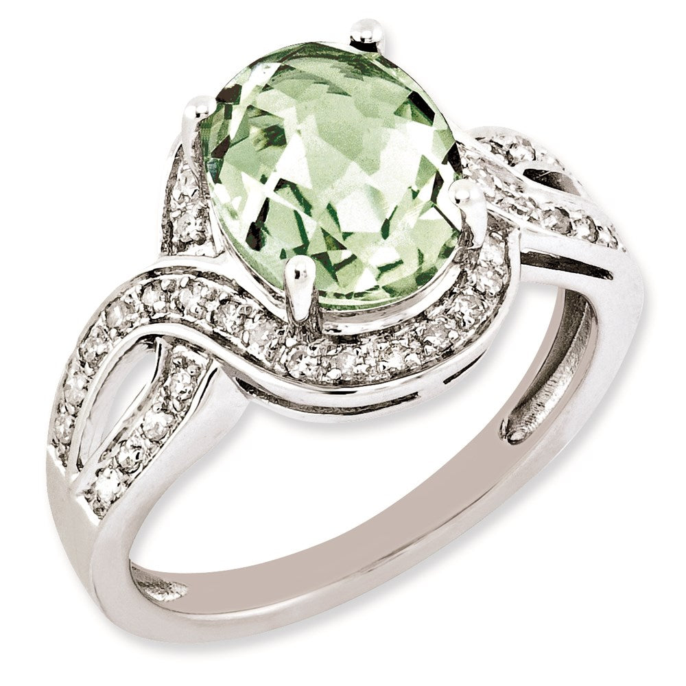 Sterling Silver RH-plated Diamond & Oval Checker-Cut Green Quartz Ring
