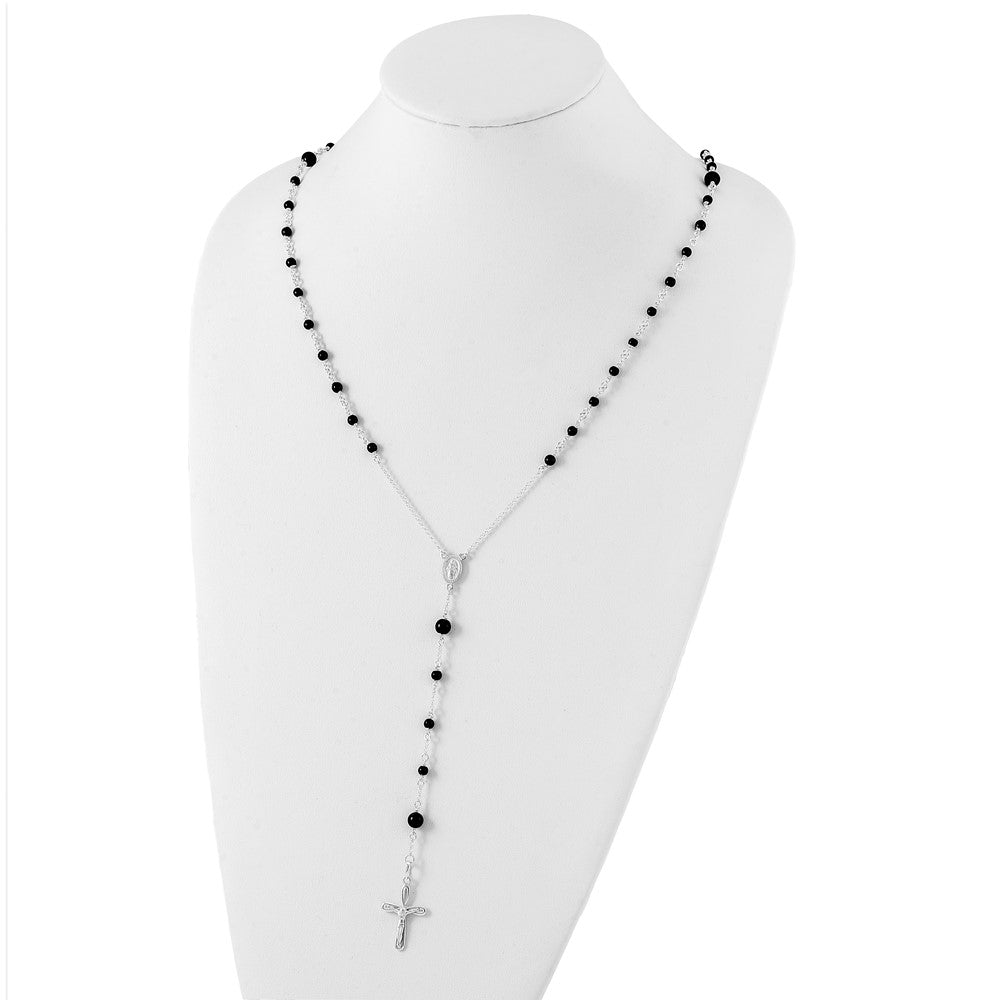 Sterling Silver Polished Black Onyx Rosary Necklace 33 Inches