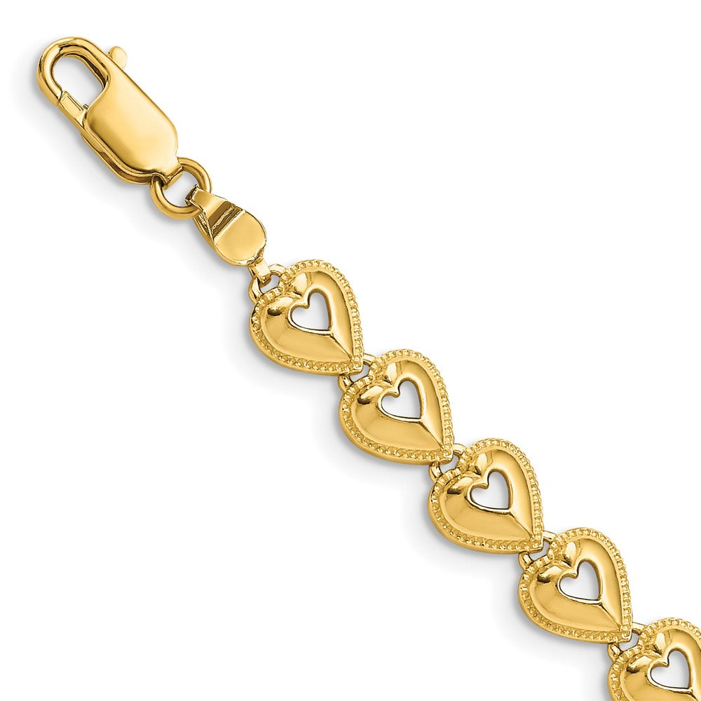 14K Polished Beaded Hearts Bracelet 7 inches