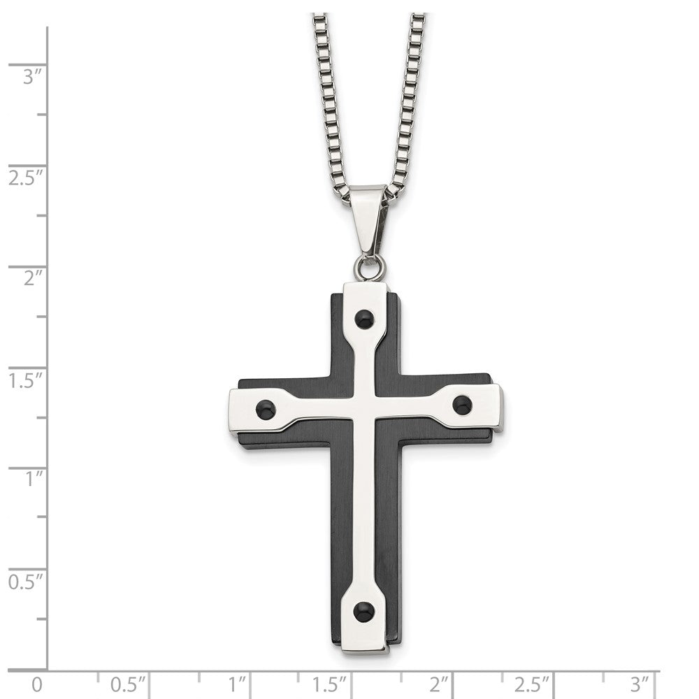 Stainless Steel Brushed and Polished Black IP-plated Cross 22in Necklace