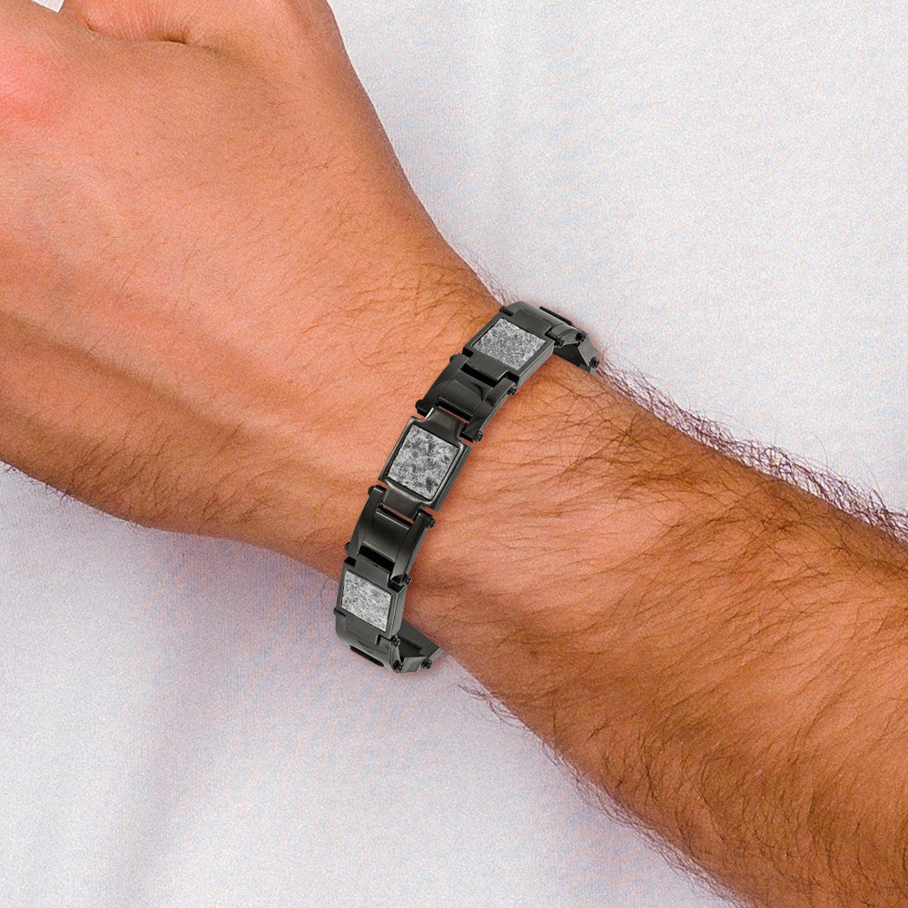 Stainless Steel Polished Black IP w/Sedimentary Rock Inlay 8.5in Bracelet 8.5 inches