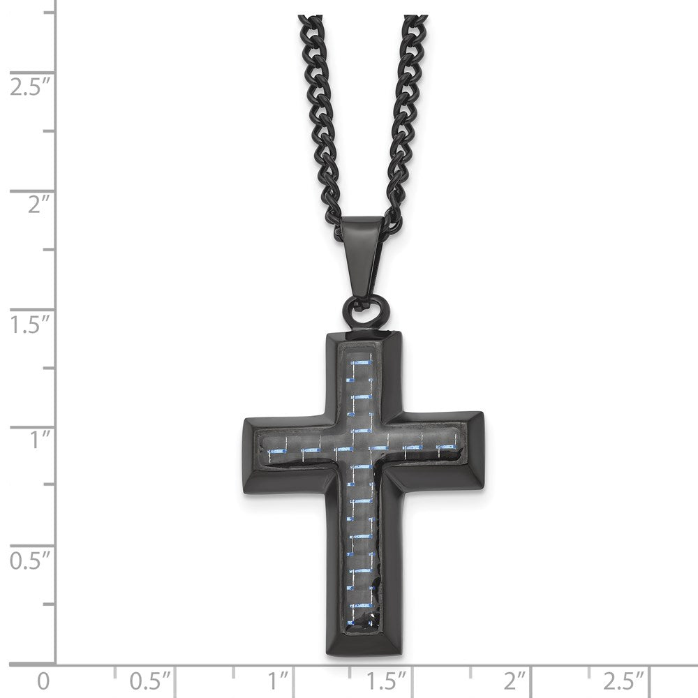 Stainless Steel Polished Black IP w/Blue Carbon Fiber Inlay Cross Necklace
