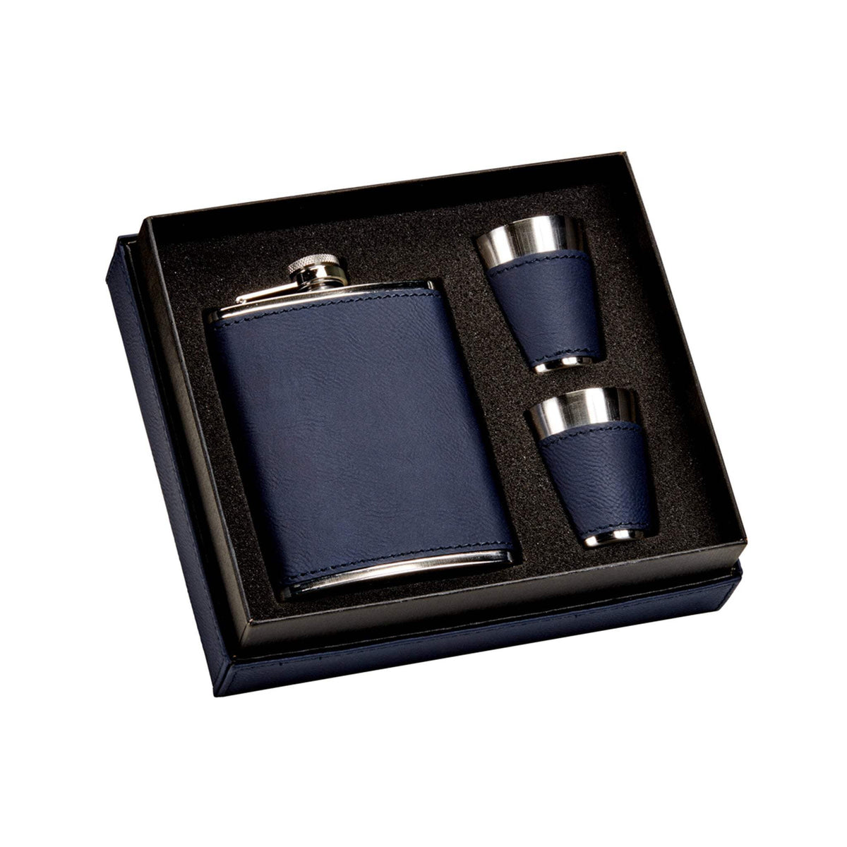LEATHERETTE BOX/8 OZ FLASK/2 CUPS NAVY