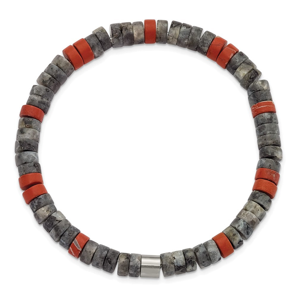 Stainless Steel Brushed Spectrolite/Red Natural Stone Stretch Bracelet