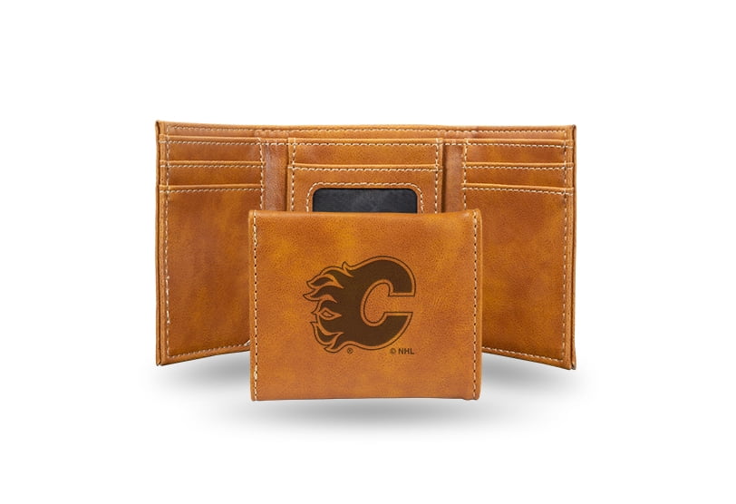NHL Calgary Flames Brown Faux Leather Trifold Wallet with 4 Card Slots and ID Window QGC7817