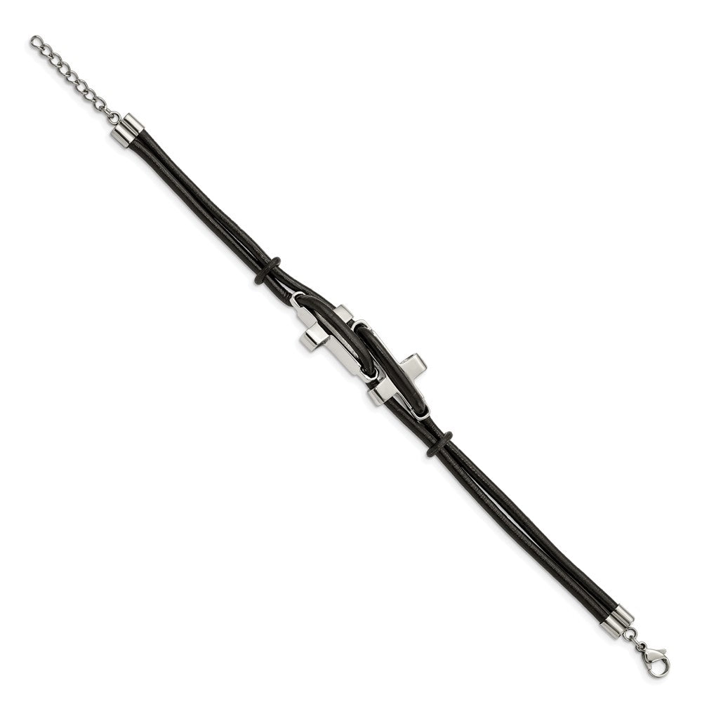 Stainless Steel Polished Crosses Black Leather 8.25in Bracelet 8.25 inches