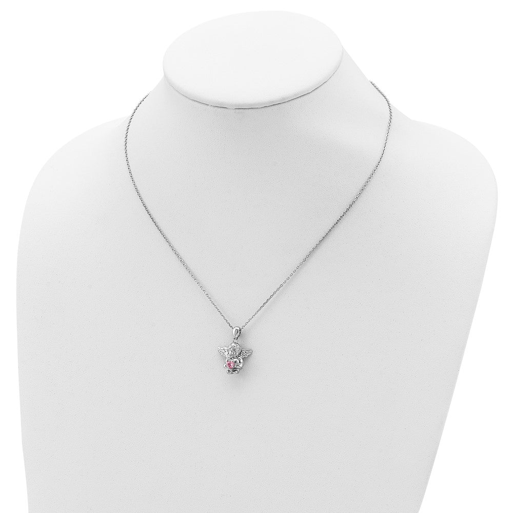 Sterling Silver RH-pltd CZ Oct Birthstone Angel Ash Holder 18in Necklace 18 Inches