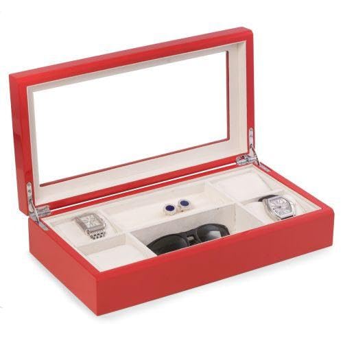 Bey-Berk International BB691BRL Lacquered Ash Burl Wood Valet & Jewelry Box with Glass Top, Soft Velour Lining
