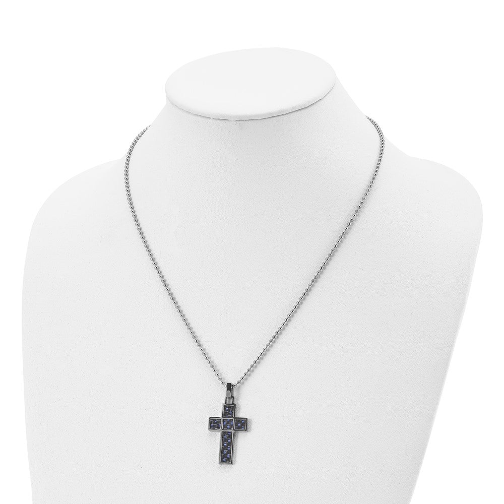 Stainless Steel Polished Black/Blue Carbon Fiber Inlay Cross 20in Necklace
