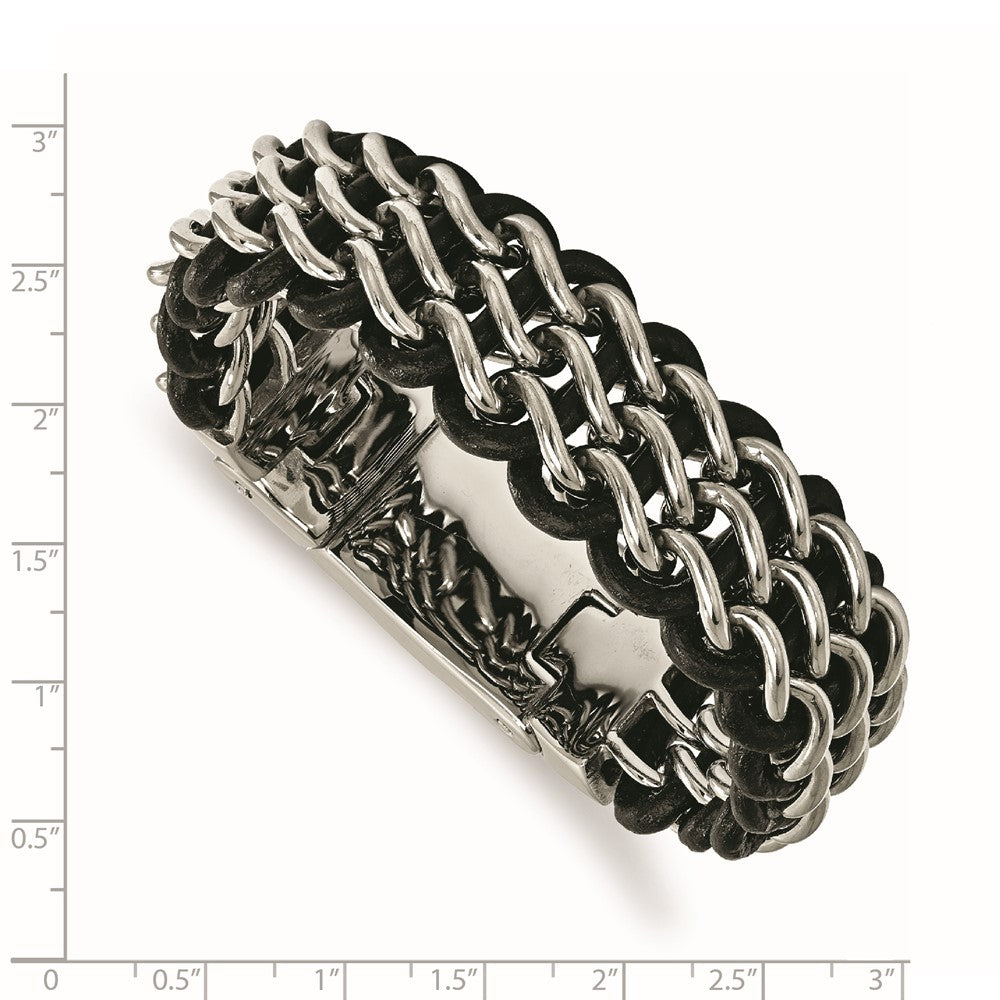 Stainless Steel Polished Black Leather 8.75in Bracelet 8.75 inches