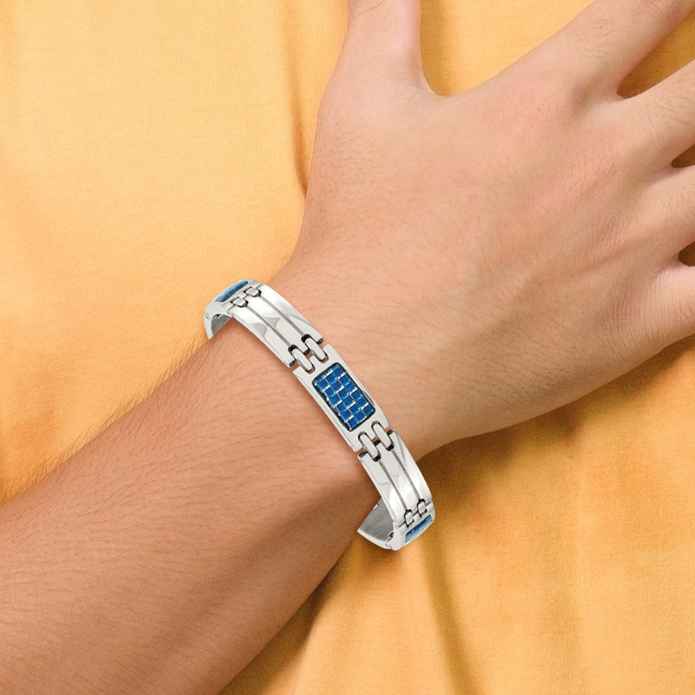 Stainless Steel Polished w/Blue Carbon Fiber Inlay 8.5in Bracelet 8.5 inches