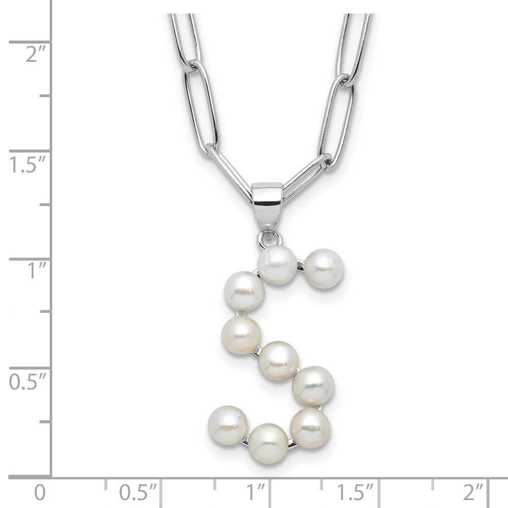 Sterling Silver Rhodium-plated 3-5.5mm White Button Freshwater Cultured Pearl LETTER S 18 inch Necklace