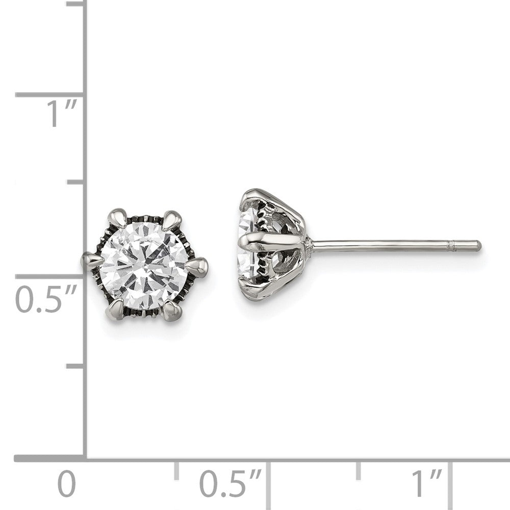 Stainless Steel Antiqued and Polished CZ Post Earrings