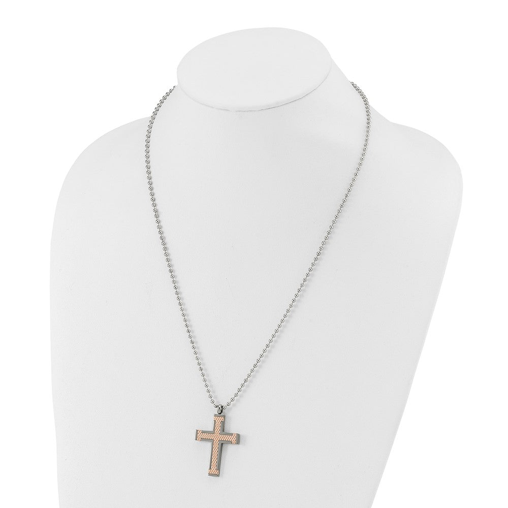 Titanium Polished Rose IP-plated Laser Cut Cross 22in Necklace