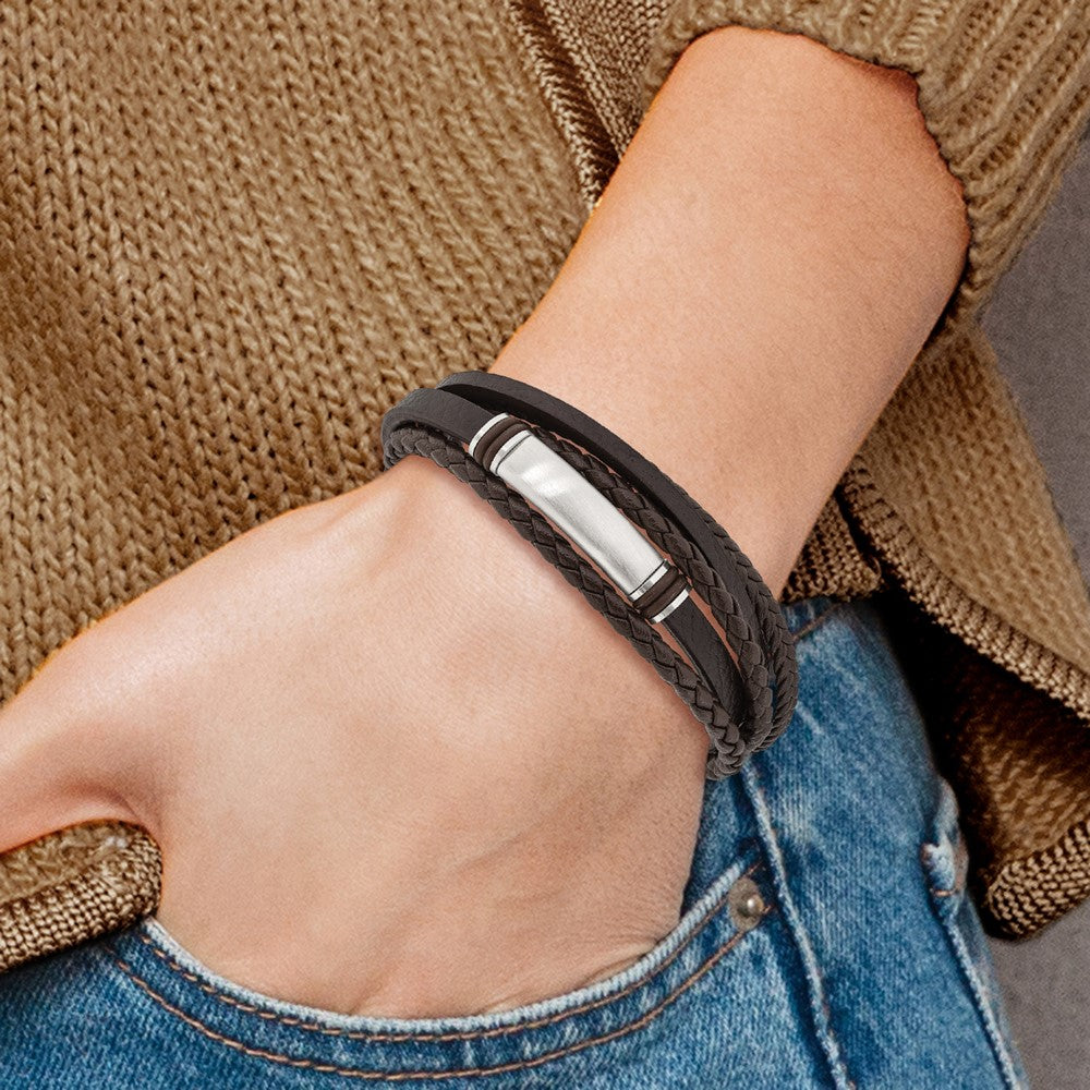 Stainless Steel Brushed Brown PU Leather & Rubber 8in w/.5in ext Bracelet 8 inches