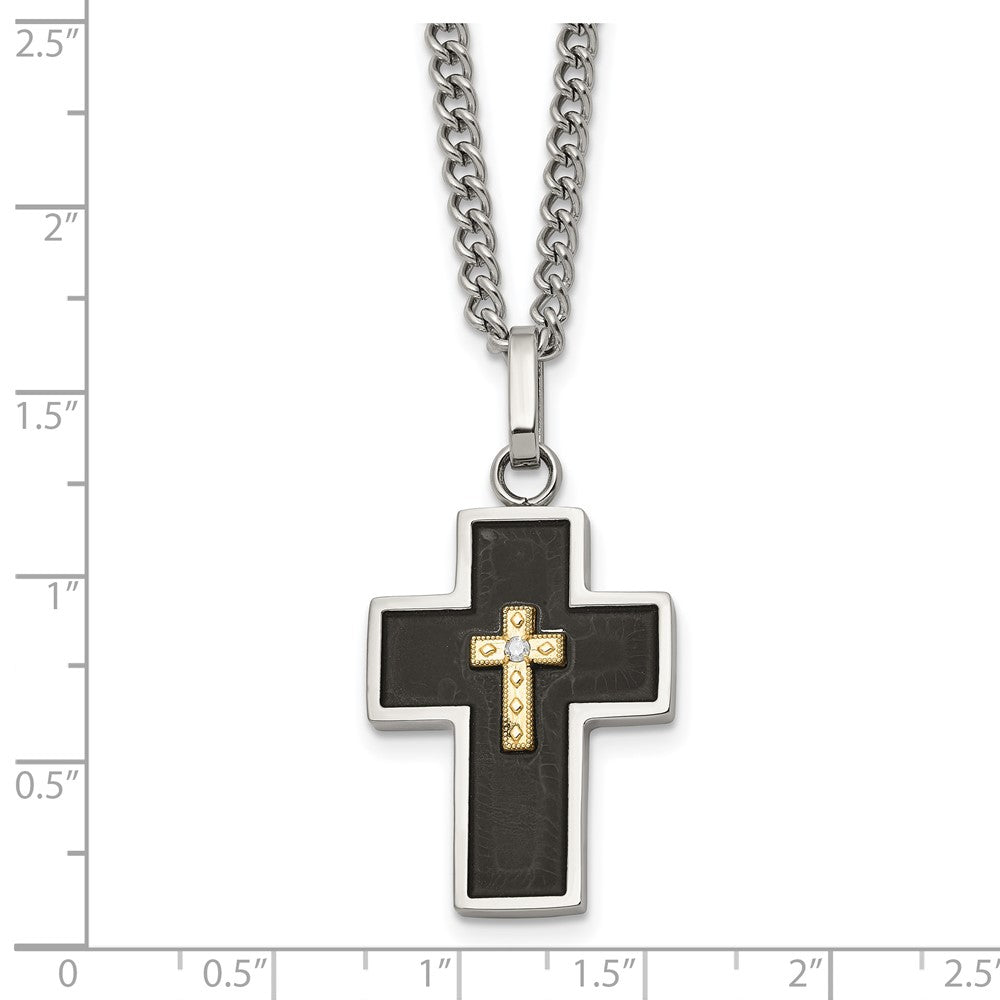 Chisel Stainless Steel Polished with 14K Gold Accent and 2pt. Diamond with Black Enamel Cross Pendant on 24 inch Curb Chain Necklace
