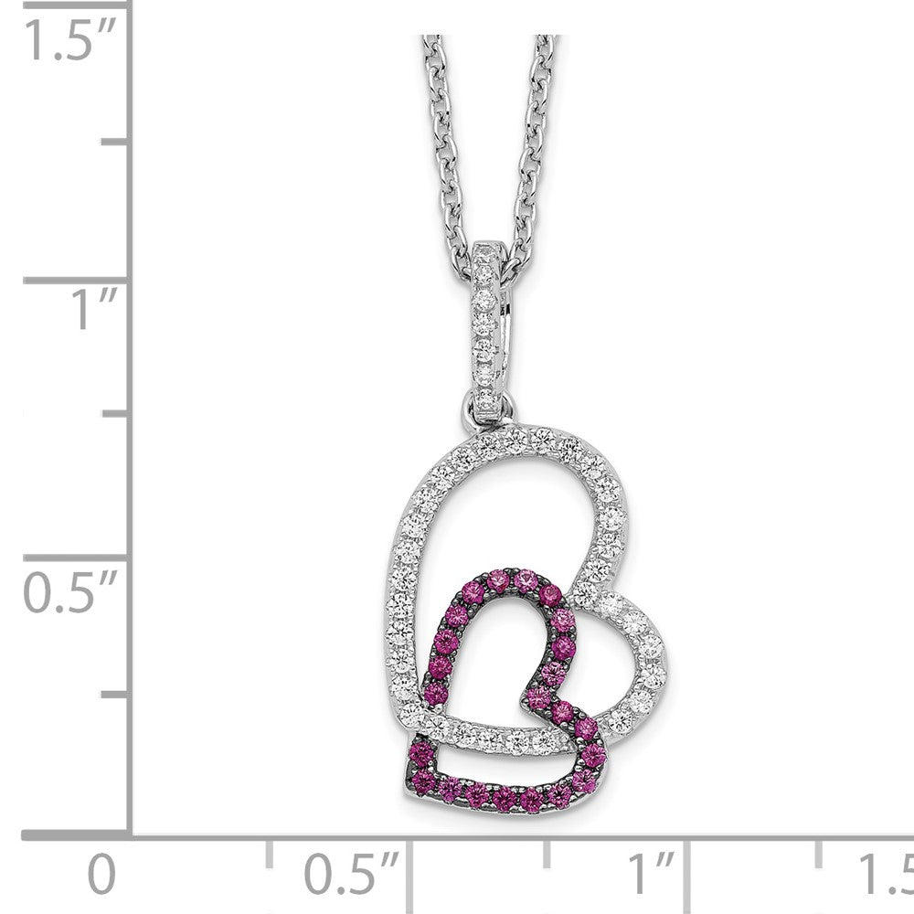 Brilliant Embers Sterling Silver Rhodium-plated 62 Stone 18 inch Micro Pav‚ Red and White CZ Heart Necklace with 2 Inch Extender 18 Inches