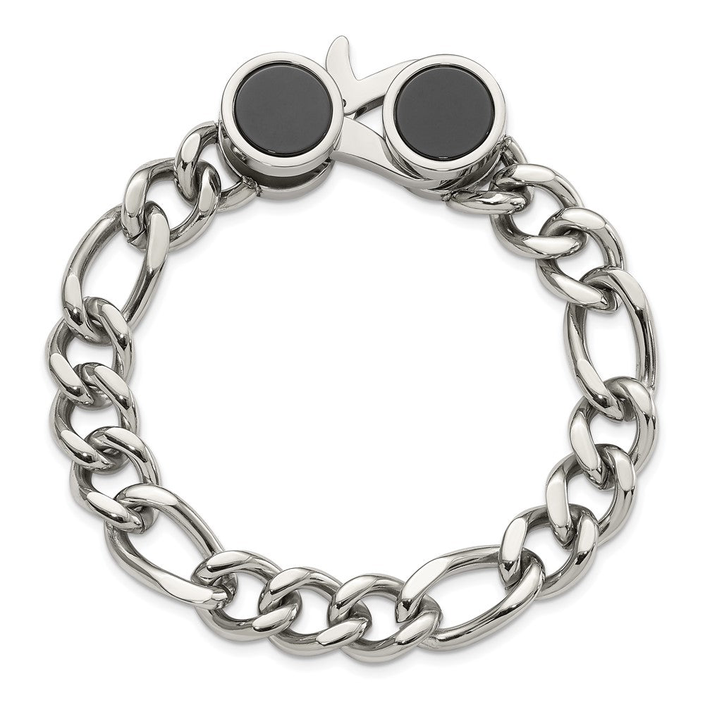 Stainless Steel Polished w/Black Agate Figaro Link 8in Bracelet 8 inches