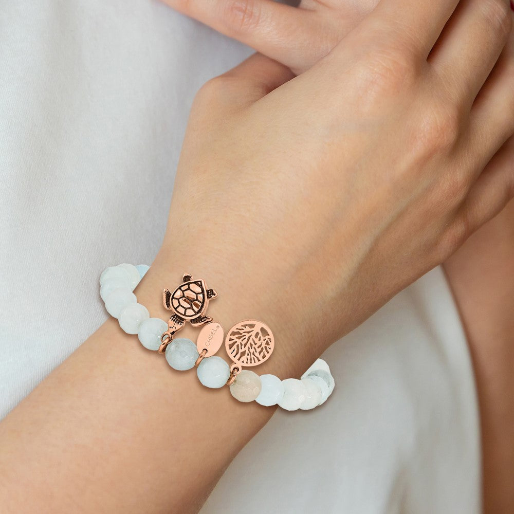 Stainless Steel Antiqued&Polished Rose IP Blue/Grey Dyed Jade Bracelet 6.25 inches