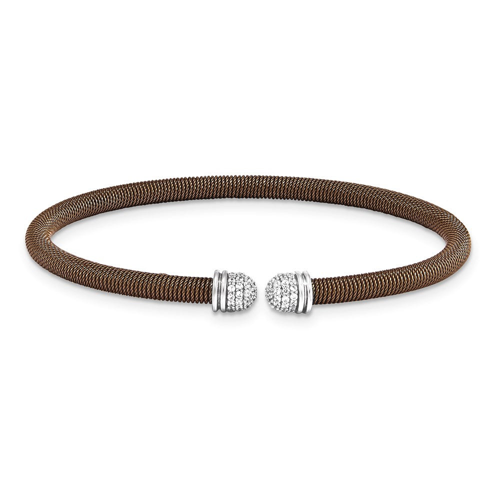 Sterling Silver chocolate 7.25 plated Cuff Bypass CZ Bangle
