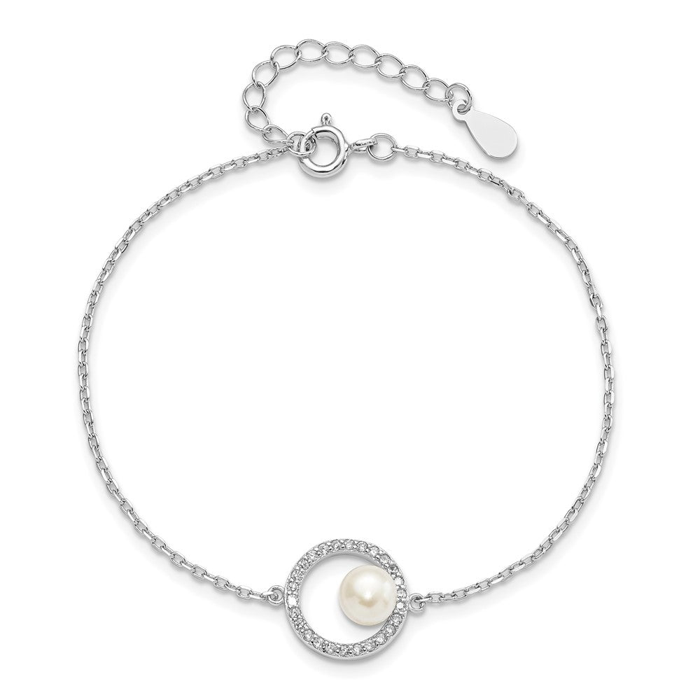 Sterling Silver Rhodium-plated 6-7mm White Button Freshwater Cultured Pearl and CZ 6.5 inch with 1.25 inch Extension Bracelet 7.75 inches