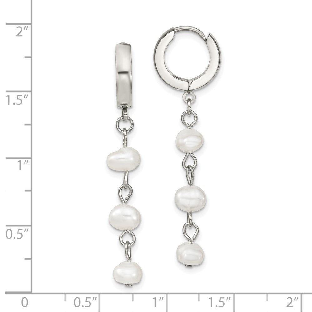 Stainless Steel Polished w/Freshwater Cultured Pearl Hinged Hoop Earrings