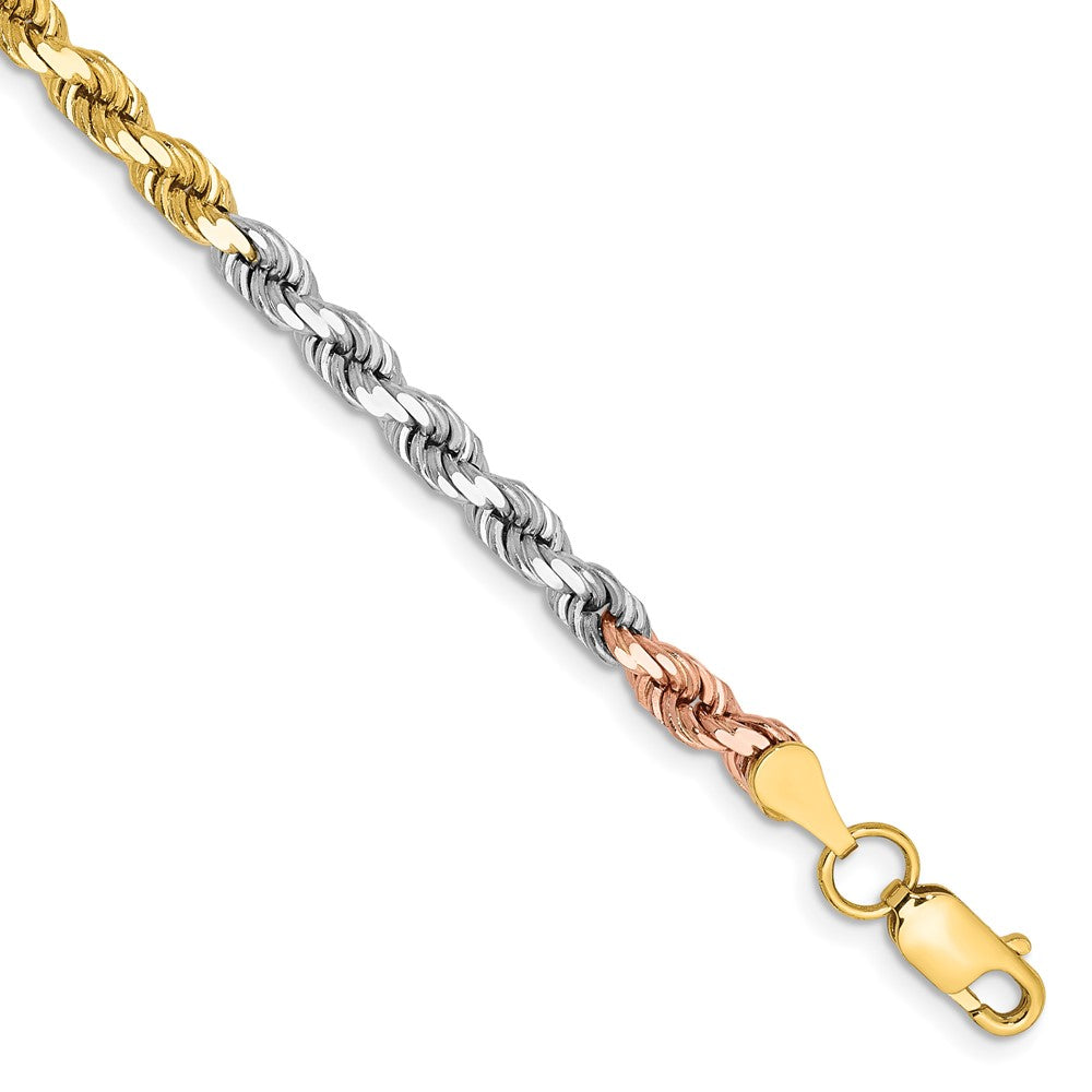 14K Tri-colored 7 inch 4mm Diamond-cut Rope with Lobster Clasp Chain 7 inches