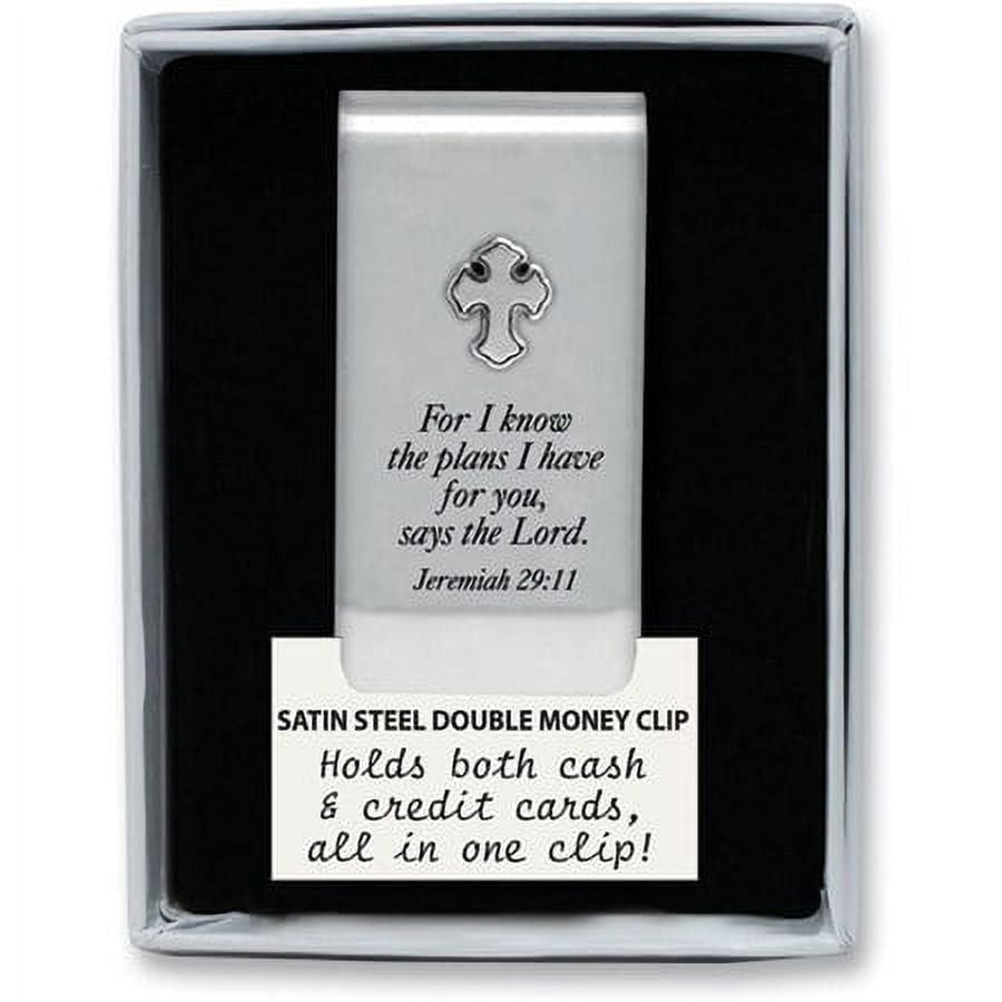 Satin Steel FOR I KNOW THE PLANS I HAVE FOR YOU. Double Money Clip with Cross Q-GM10904