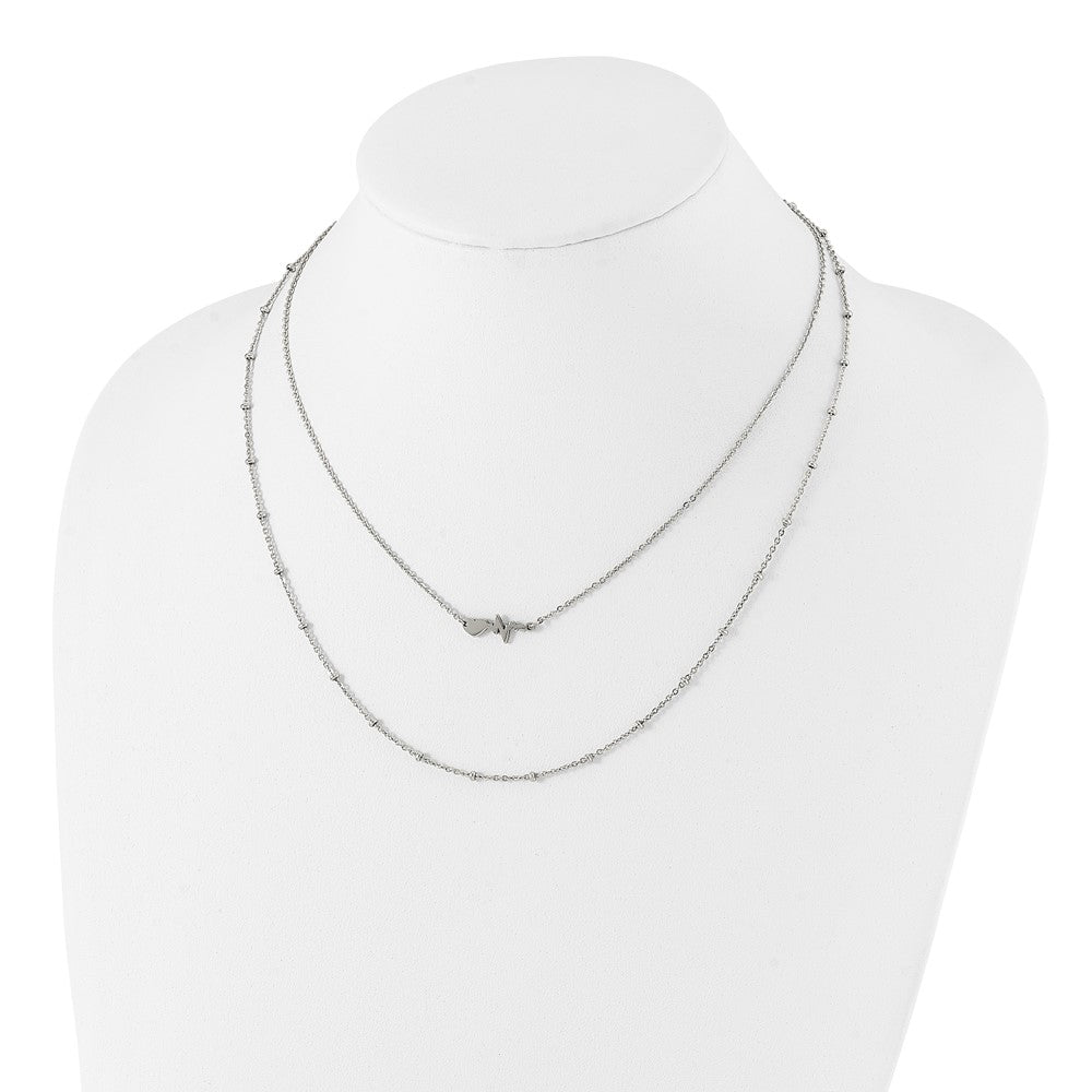 Stainless Steel Polished 2-Strand Heartbeat w/1.75in ext. 17in Necklace