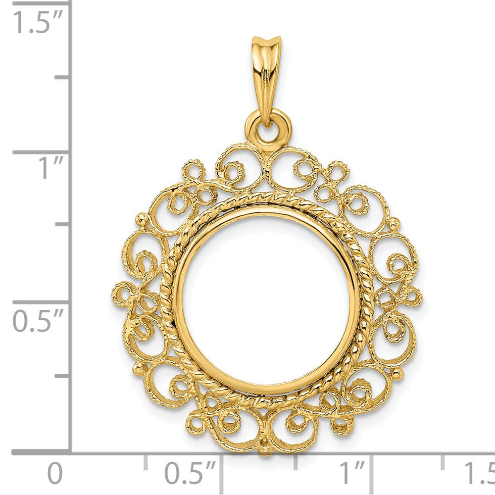 Wideband Distinguished Coin Jewelry 14k Polished and Textured Victorian 16.5mm Prong Coin Bezel Pendant
