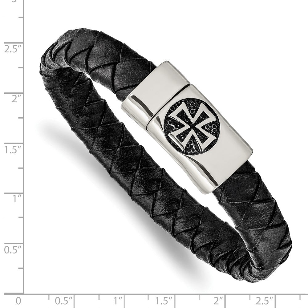 Stainless Steel Antiqued and Polished Cross Black Leather 8.5in Bracelet 8.5 inches