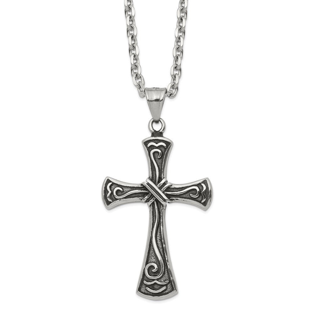 Stainless Steel Antiqued and Polished Cross 24in Necklace