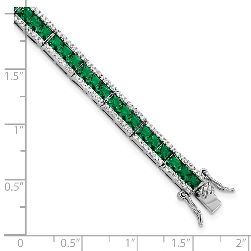 Cheryl M Sterling Silver Rhodium-plated Princess-cut Green Nano Crystal and Brilliant-cut White CZ 7.25 Inch Bracelet 7.25 inches