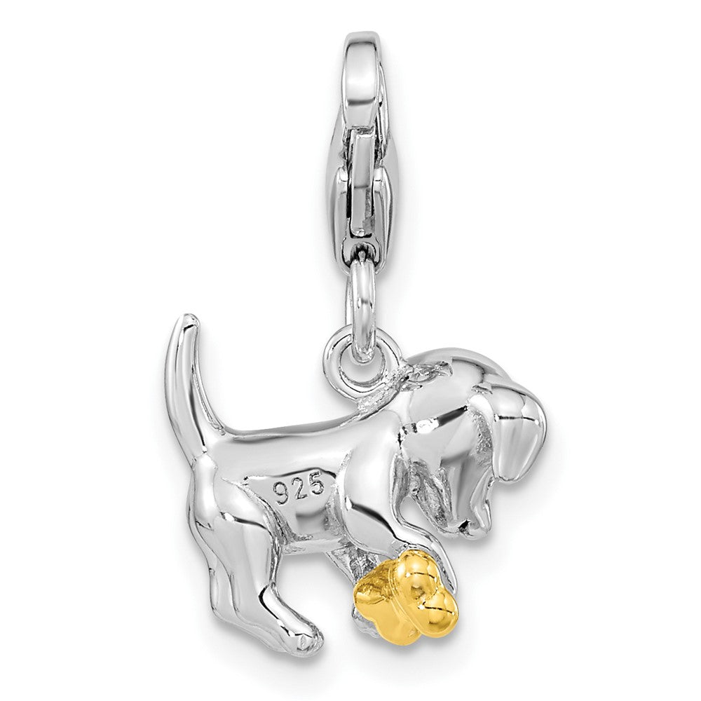 Amore La Vita Sterling Silver Rhodium-plated and Gold-plated Polished 3-D Puppy Holding Bone Charm with Fancy Lobster Clasp
