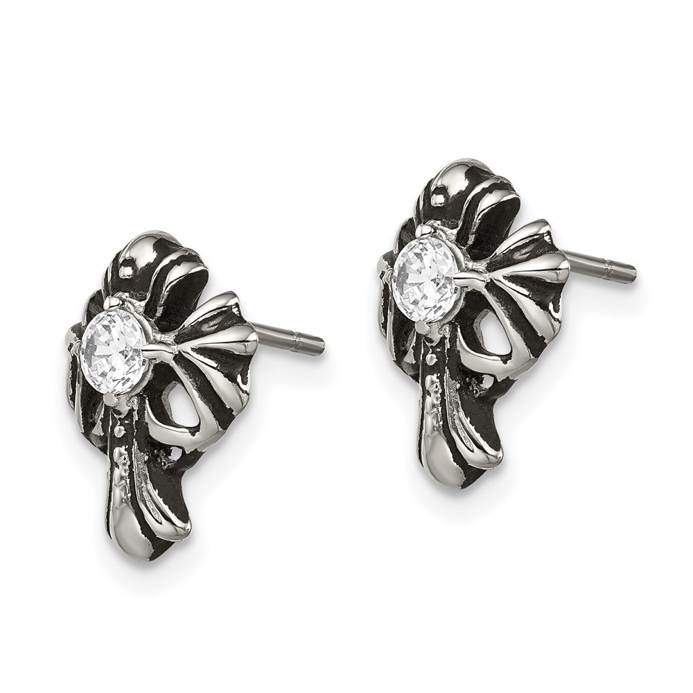 Stainless Steel Antiqued and Polished with CZ Cross Post Earrings