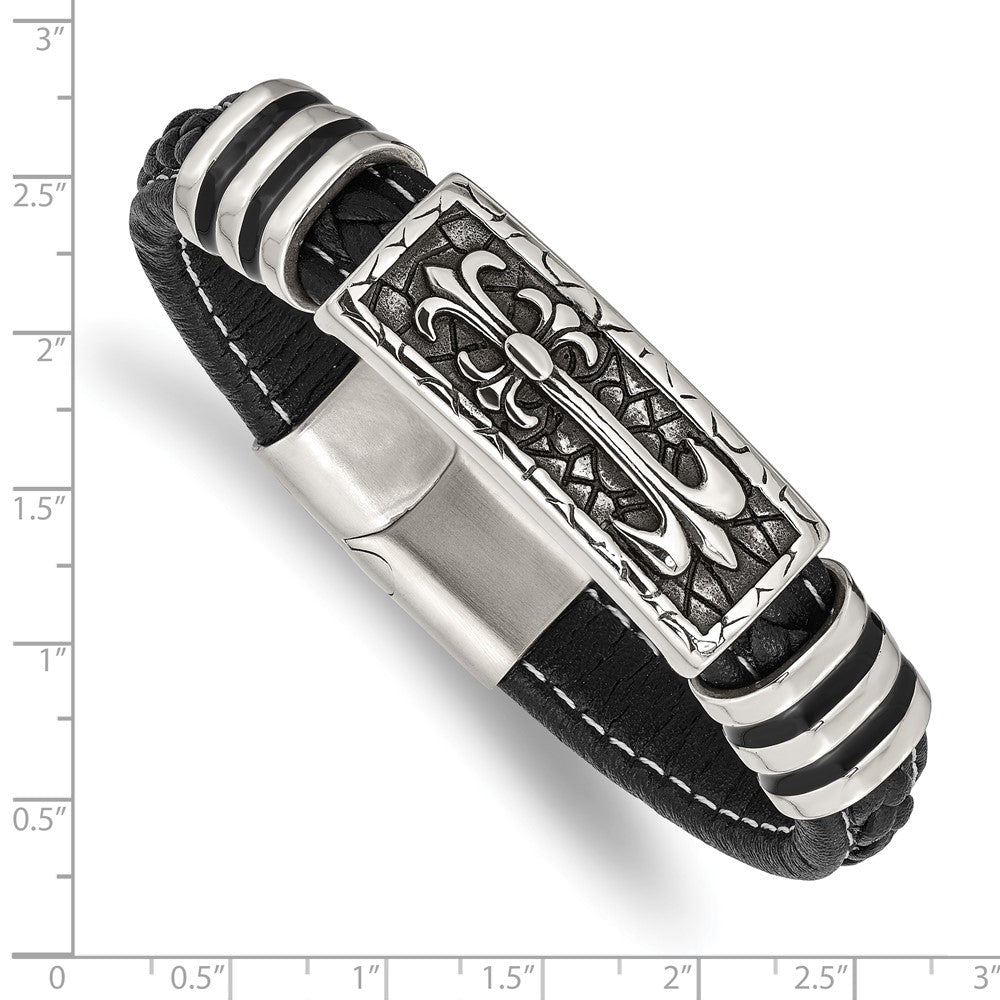 Stainless Steel Antiqued & Polished w/Enamel Faux Leather 8.5in Bracelet 8.5 inches