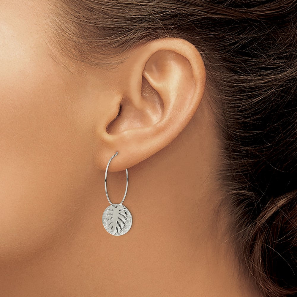 Stainless Steel Polished Textured Circle with Leaf Dangle Hoop Earrings