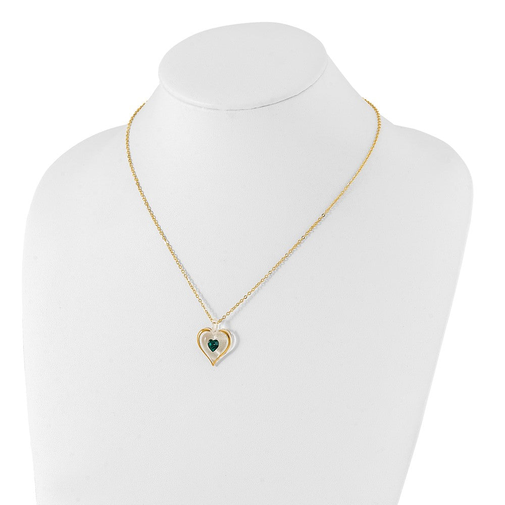Glass Baron 22K Accent Gilding Gold-trim Glass with Green May Birthstone Crystal Heart 18 inch Gold-tone Necklace