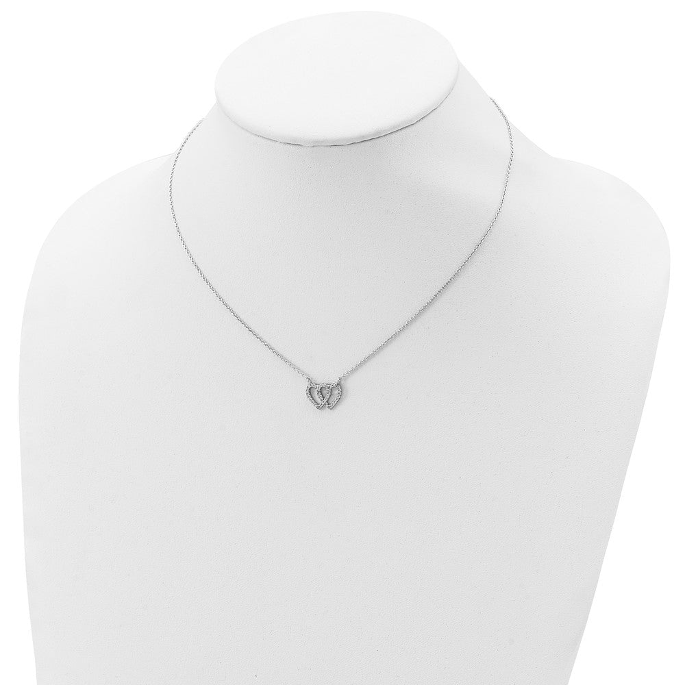 Sterling Silver Rhodium-plated Interconnected Double CZ Open Heart 16.5 inch Necklace with 1 inch extension 16.5 Inches