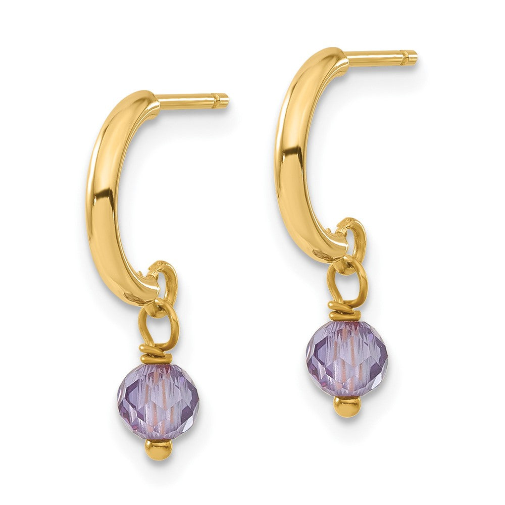 14ky Round Purple CZ Dangle C-Hoop Earrings