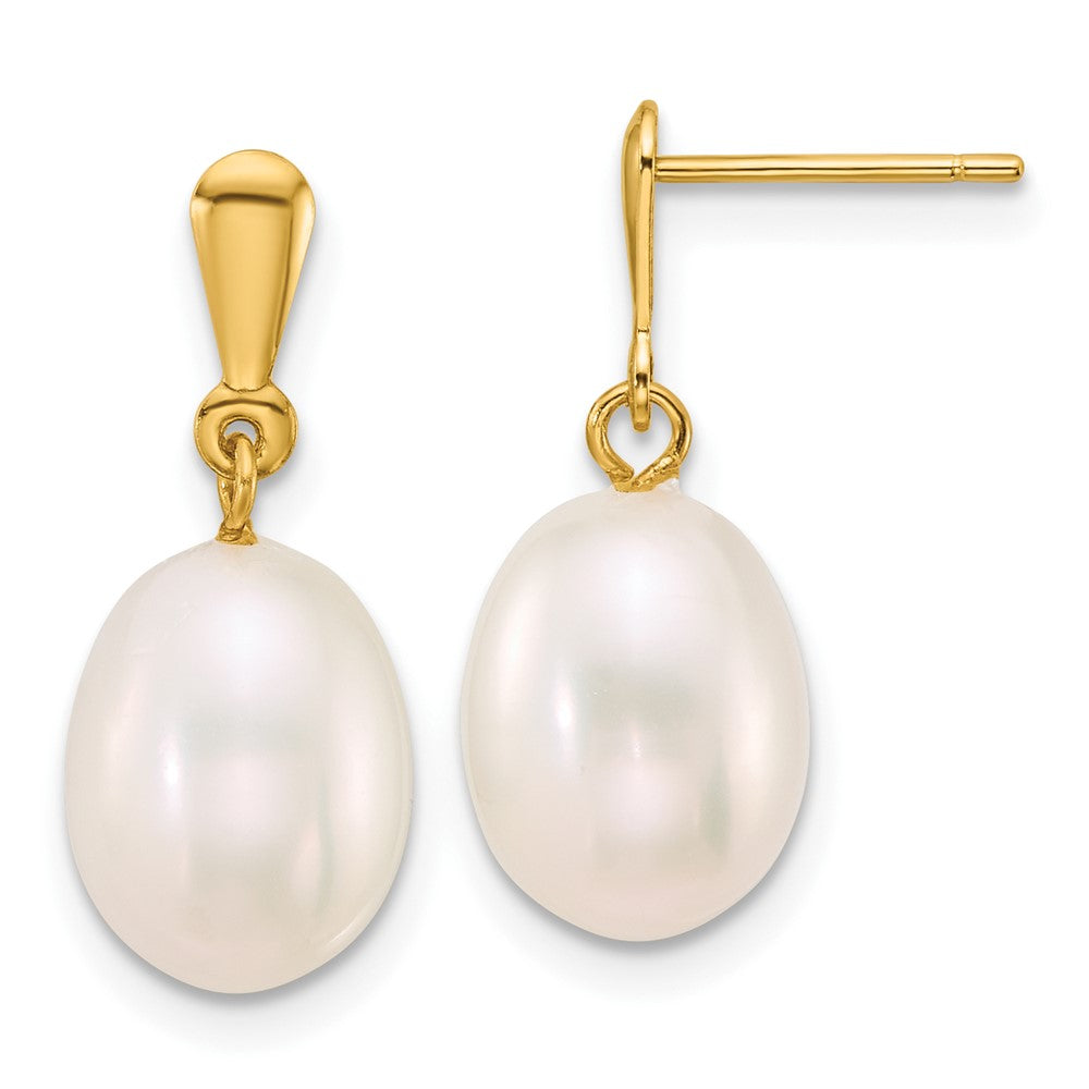 10k Polished 8-9mm Rice White Freshwater Cultured Pearl Dangle Post Earrings