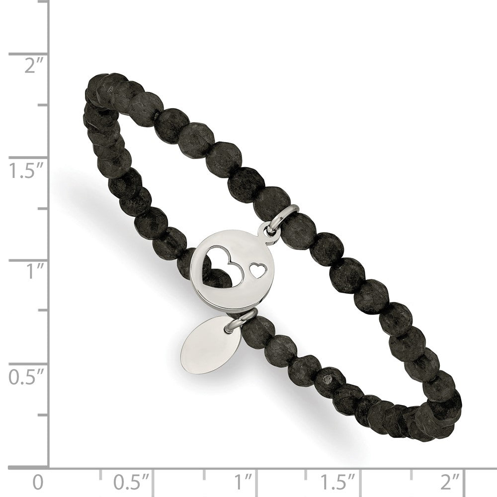 Stainless Steel Polished Hearts Black Jade Beaded Stretch Bracelet 6.25 inches