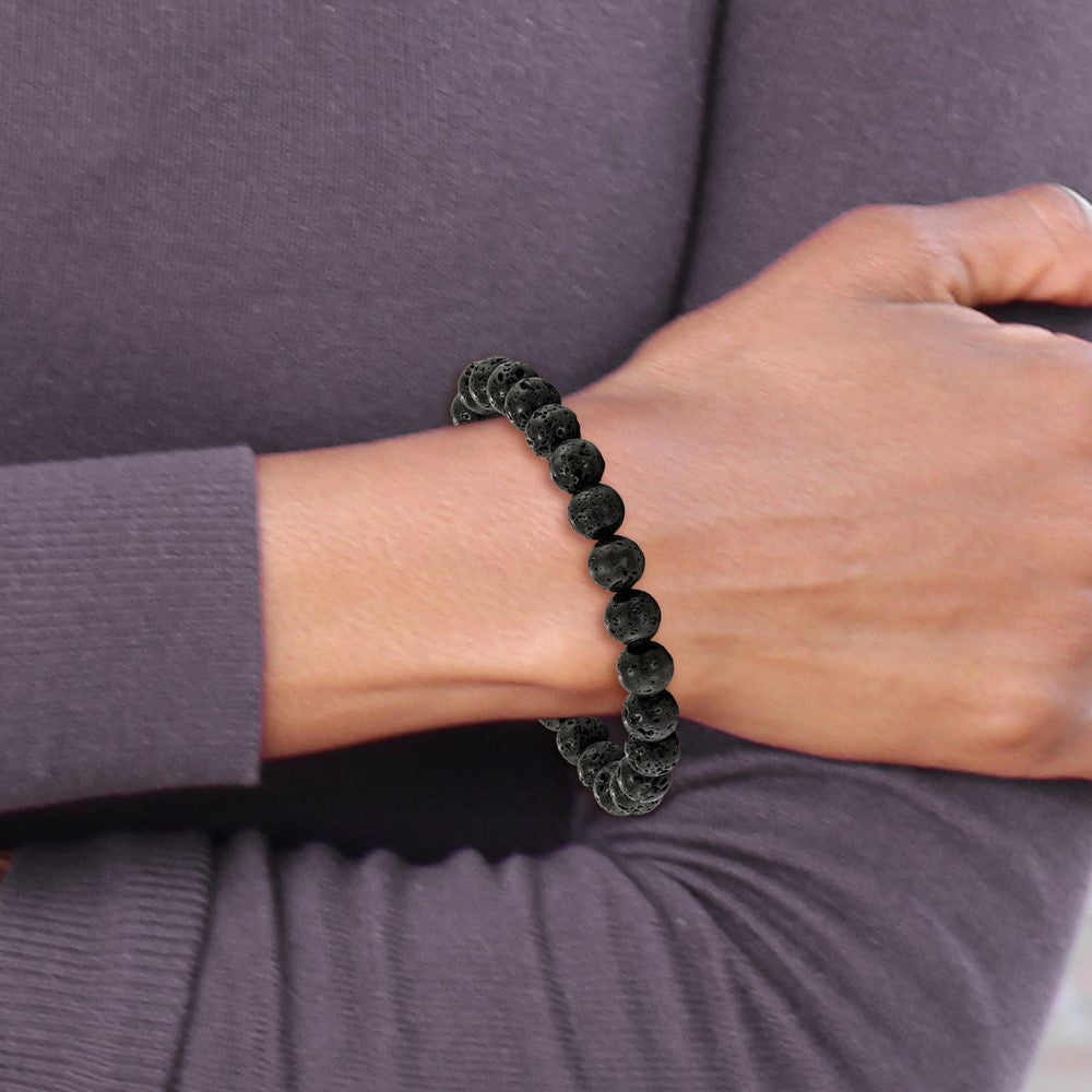 Stainless Steel Polished Lava Rock Beaded Stretch Bracelet 7.25 inches