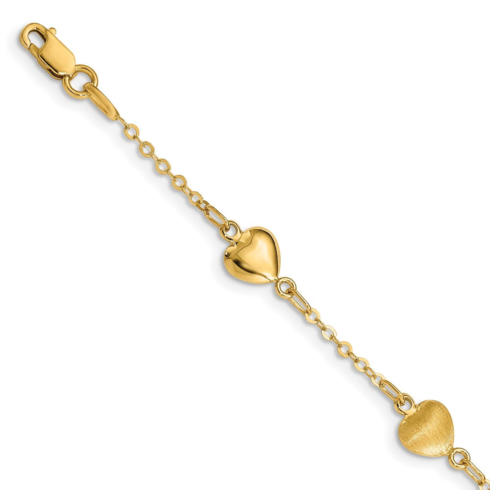 14K Brushed & Polished Hearts 7 inch Bracelet 7 inches